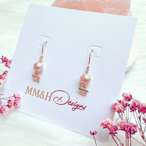 New Light Purple Freshwater Pearl Earrings with Butterfly Charm | Handmade in BC - Picture 7 of 8